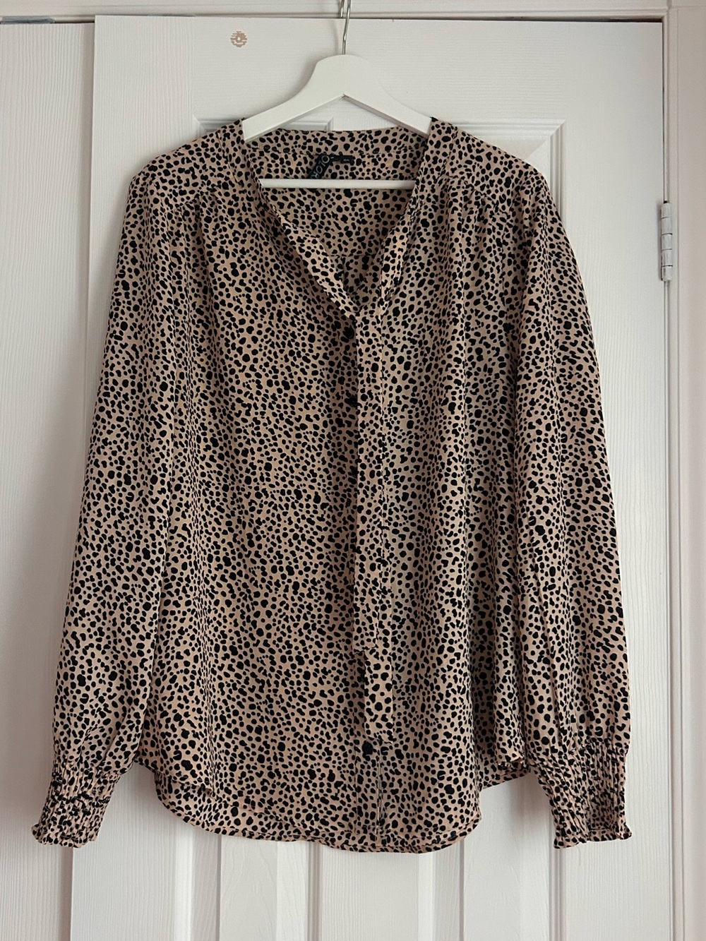 Leopard-Print Long-Sleeve Blouse in Beige and Black